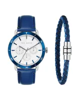 Ted Baker Men's Magarit Blue Leather Strap Watch 46mm and Bracelet Gift Set, 2 Pieces