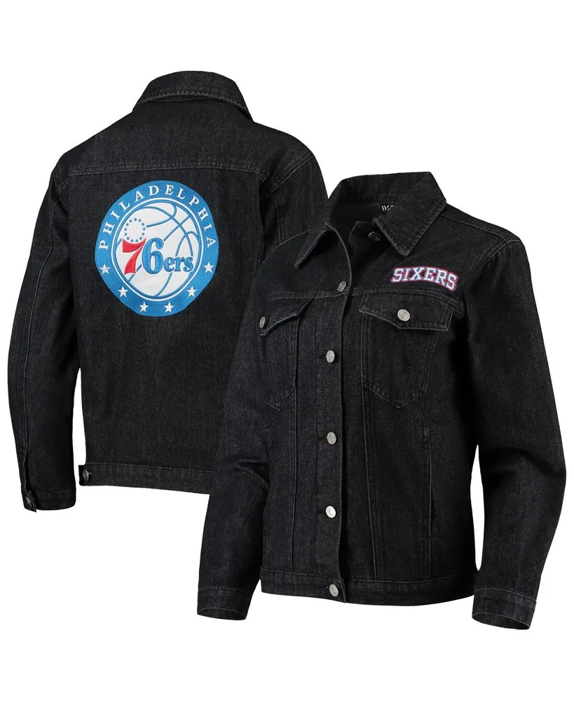 Women's The Wild Collective Black Philadelphia 76ers Patch Denim Button-Up Jacket