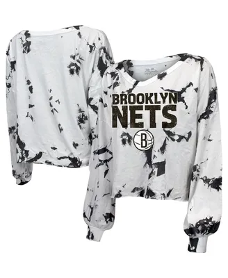 Women's Majestic Threads White and Black Brooklyn Nets Aquarius Tie-Dye Cropped V-Neck Long Sleeve T-shirt