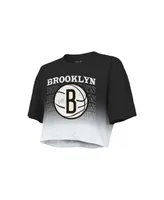 Women's Majestic Threads Black and White Brooklyn Nets Repeat Dip-Dye Cropped T-shirt
