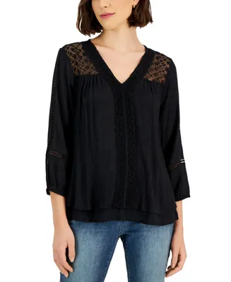 Style & Co Women's 3/4-Sleeve Embroidered Lace Top, Created for Macy's