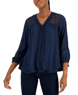 Style & Co Women's 3/4-Sleeve Embroidered Lace Top, Created for Macy's