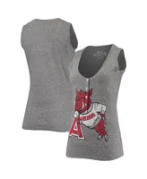 Women's Original Retro Brand Heathered Gray Arkansas Razorbacks Relaxed Henley Tri-Blend V-Neck Logo Tank Top