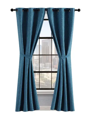 Lucky Brand Sondra Textured Leaf Pattern Blackout Grommet Window Curtain Panel Pair with Tiebacks