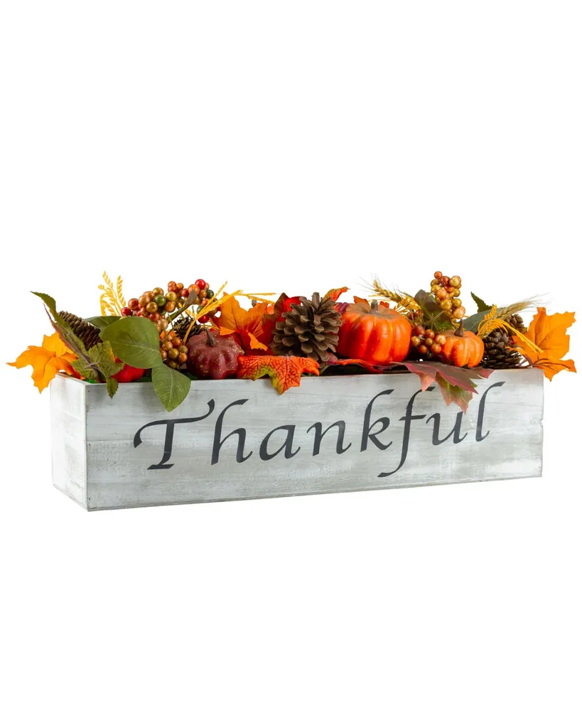 Autumn Harvest Arrangement in a "Thankful" Rustic Wooden Box Centerpiece, 21"