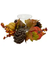 Pumpkin Berry and Pine Cone Fall Harvest Tea Light Candle Holder, 10"
