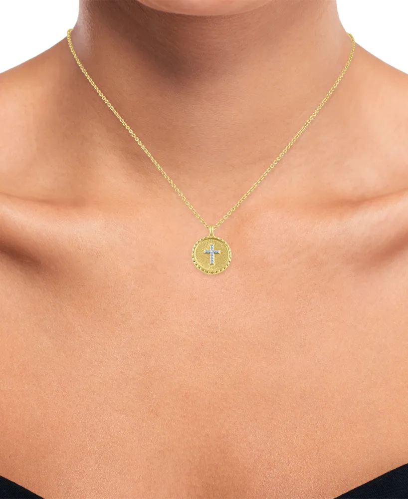 Diamond Accent Cross Disc Pendant Necklace in 14k Gold-Plated Sterling Silver, 16" + 2" extender - Gold
