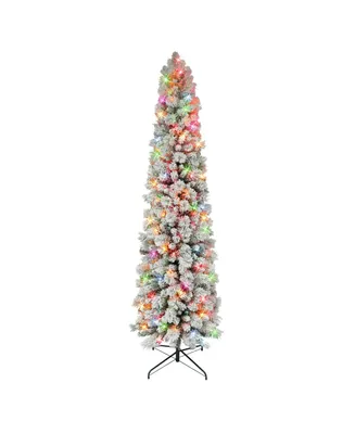 6.5' Flocked Portland Pine Pencil Tree with 300 Underwriters Laboratories Multi Color Incandescent Lights, 410 Tips