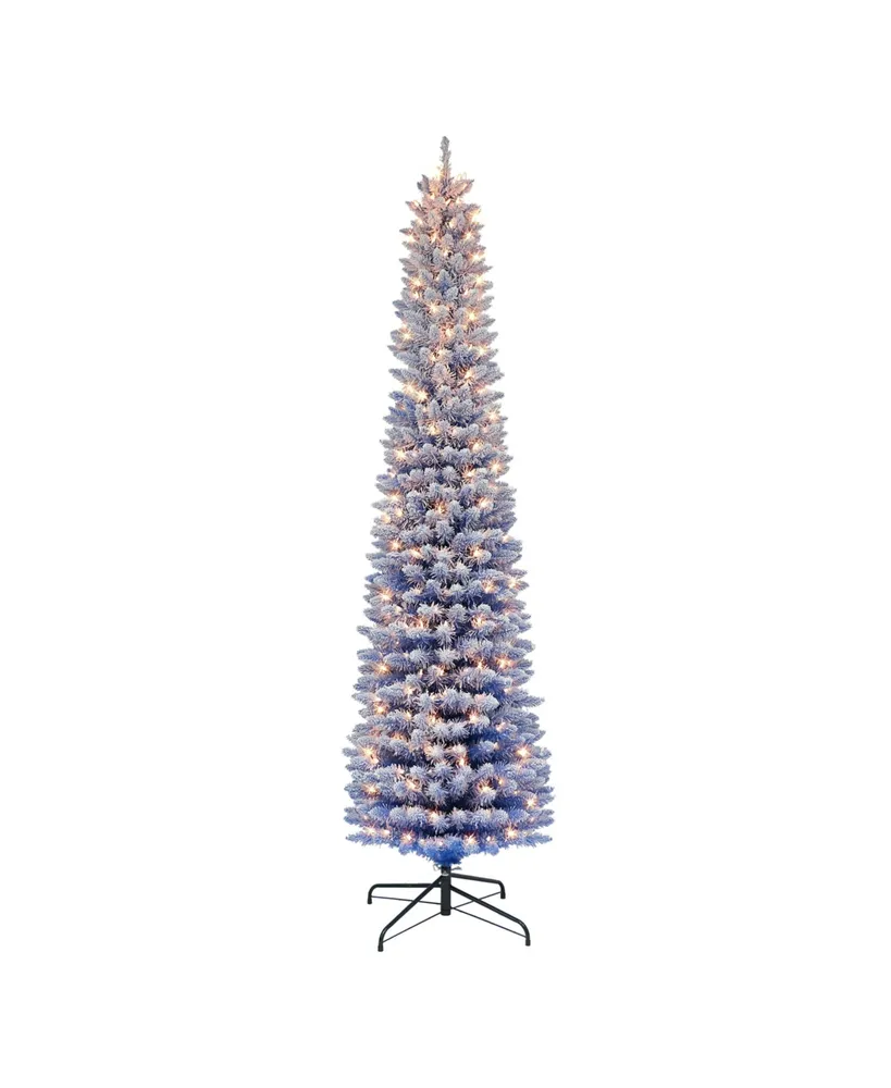 Puleo 7.5FT Pre-Lit Flocked Fashion Blue Pencil Tree