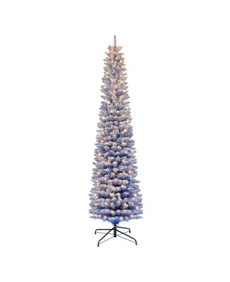 7.5' Pre-Lit Flocked Fashion Pencil Tree with 300 Clear Incandescent Lights, 708 Tips