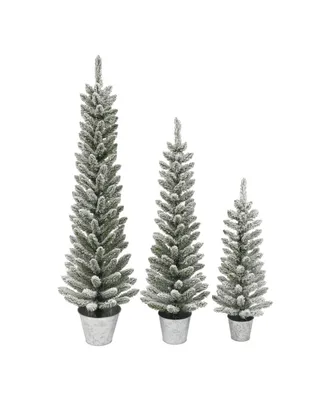 3', 4' and 5' Potted Flocked Pencil Trees with 322 Tips Galvanized Pot, Set of 3
