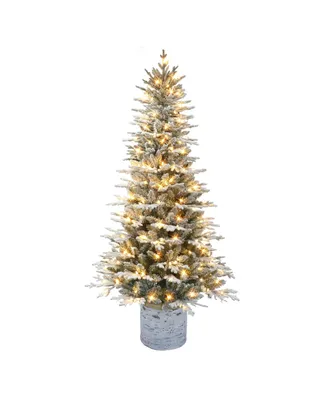 6' Pre-Lit Flocked Arctic Fir Tree with Warm White Lights & Birch Wood Look Base