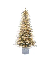 6' Pre-Lit Flocked Arctic Fir Tree with Warm White Lights & Birch Wood Look Base