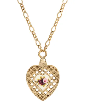 2028 Gold-Tone Pink Flower Heart Mirror Pendant Necklace