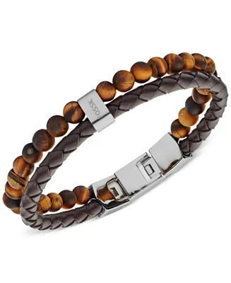 Fossil Men's Tiger's Eye and Brown Leather Bracelet