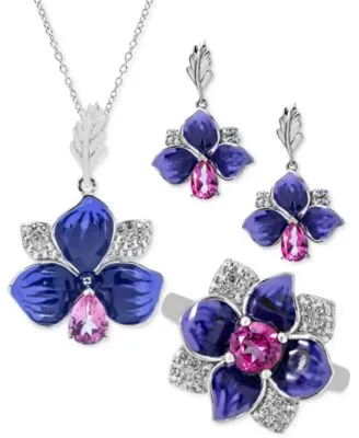 Pink White Topaz Purple Enamel Floral Jewelry Collection In Sterling Silver