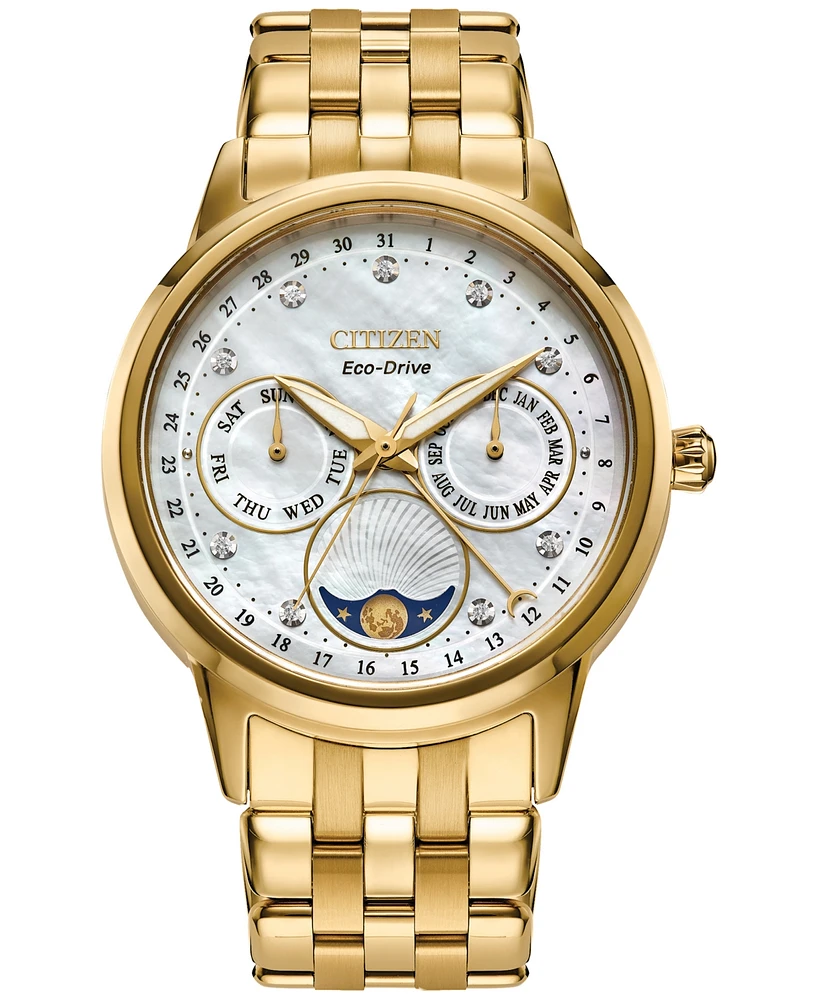 Citizen Eco-Drive Women's Calendrier Diamond-Accent Gold-Tone Stainless Steel Bracelet Watch 37mm - Silver