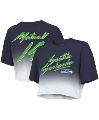 Women's Majestic Threads Dk Metcalf Navy, White Seattle Seahawks Drip-Dye Player Name and Number Tri-Blend Crop T-shirt