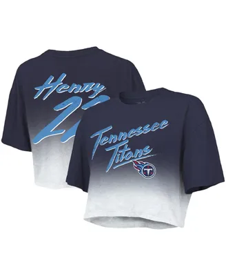 Women's Majestic Threads Derrick Henry Navy, White Tennessee Titans Drip-Dye Player Name and Number Tri-Blend Crop T-shirt