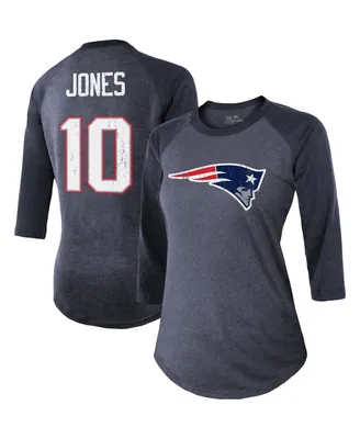 Women's Majestic Threads Mac Jones Navy New England Patriots Player Name and Number Raglan Tri-Blend 3/4-Sleeve T-shirt