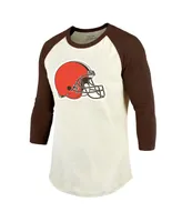 Men's Majestic Threads Deshaun Watson Cream, Brown Cleveland Browns Name & Number Raglan 3/4 Sleeve T-shirt