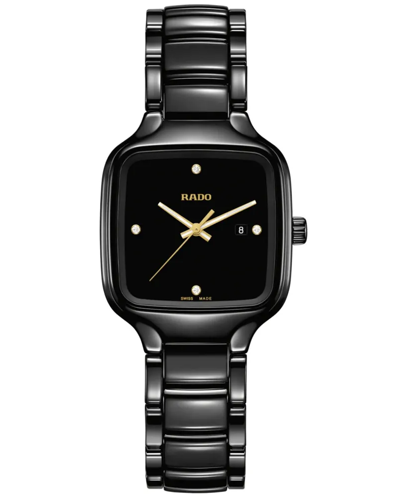 Rado Women's Swiss True Square Diamond Accent Black Ceramic Bracelet Watch 29mm