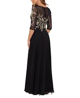 Betsy & Adam Embroidered 3/4-Sleeve Gown