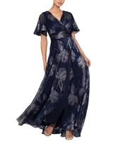 Betsy & Adam Women's Crinkled Flutter-Sleeve Gown