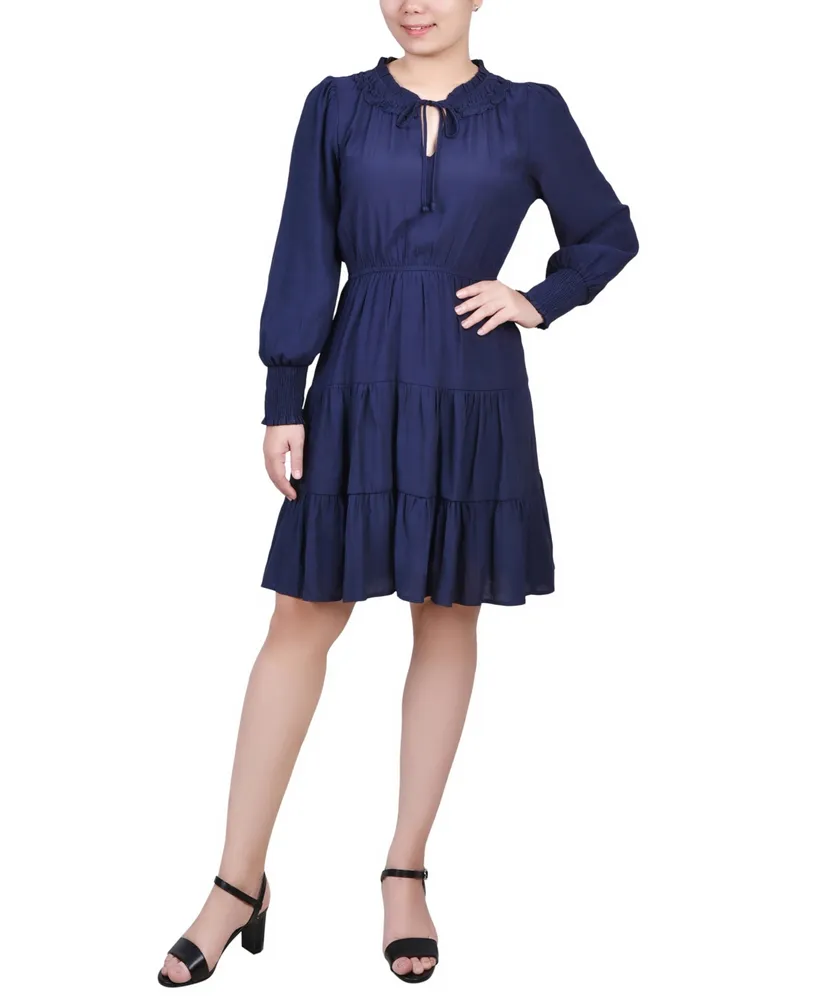Ny Collection Petite Long Sleeve Tiered Dress with Ruffled Neck