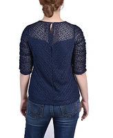 Ny Collection Petite Rouched Sleeve Lace Top