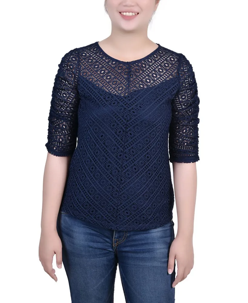 Ny Collection Petite Rouched Sleeve Lace Top