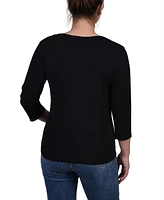 Ny Collection Petite 3/4 Sleeve Top with Illusion Neckline and Stones