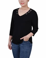 Ny Collection Petite 3/4 Sleeve Top with Illusion Neckline and Stones