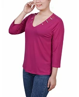 Ny Collection Petite 3/4 Sleeve Top with Illusion Neckline and Stones