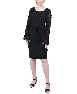 Ny Collection Petite Long Chiffon-Sleeve Knit Dress