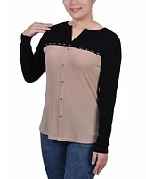 Ny Collection Petite Long Sleeve Studded Colorblocked Split Neck Top