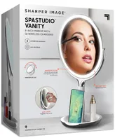 Sharper Image SpaStudio Vanity 8-inch Mirror with Built-In Qi Wireless Phone Charger, 5X and 10X Magnification - Silver