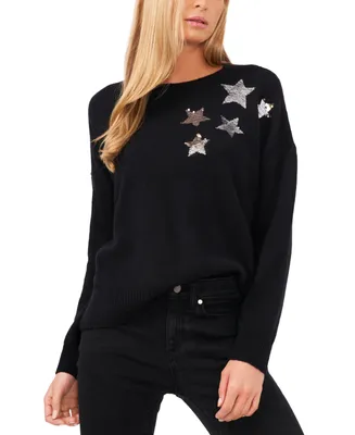 CeCe Women's Crewneck Long Sleeve Star Sequin Sweater