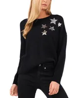 CeCe Women's Crewneck Long Sleeve Star Sequin Sweater