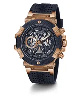 Guess Men's Rose Gold-Tone Navy Genuine Leather, Silicone Strap, Multi-Function Watch, 46mm