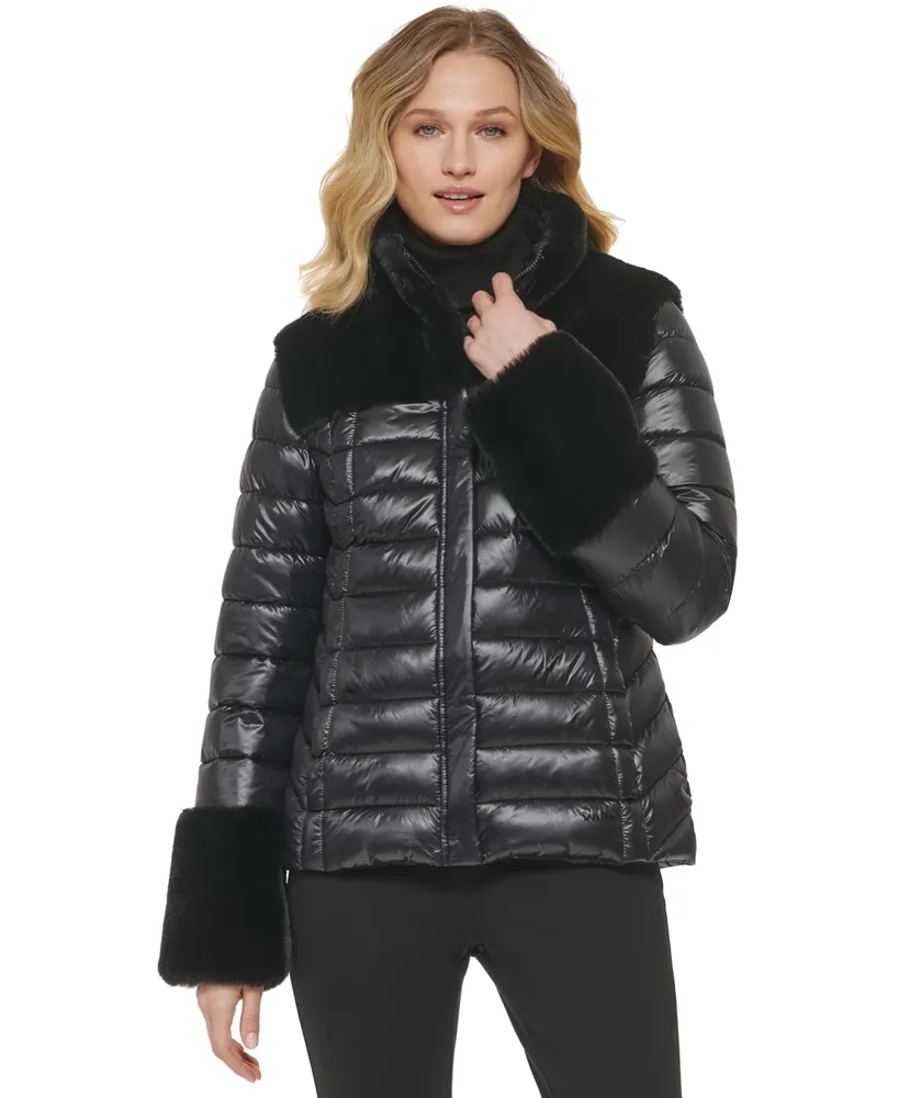 DKNY Women's Faux-Fur-Trim Hooded Puffer Coat - Macy's