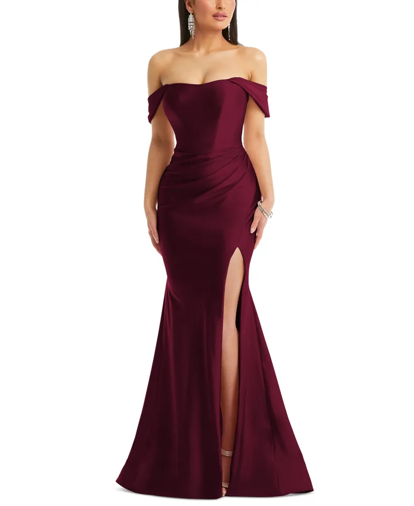 Cynthia & Sahar Women's Off-the-Shoulder Corset Stretch Satin Mermaid Dress with Slight Train