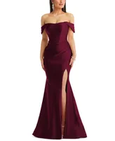 Cynthia & Sahar Women's Off-the-Shoulder Corset Stretch Satin Mermaid Dress with Slight Train