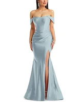 Cynthia & Sahar Women's Off-the-Shoulder Corset Stretch Satin Mermaid Dress with Slight Train