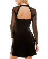 City Studios Juniors' Sheer-Long-Sleeve Skater Dress