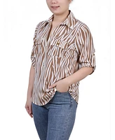 Ny Collection Women's 3/4 Roll Tab Sleeve Zip Front Top