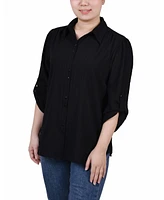 Ny Collection Women's 3/4 Roll Tab Sleeve Cotton Blouse
