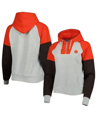 Women's Antigua Heathered Gray, Orange Cleveland Browns Jackpot Raglan Half-Zip Pullover Hoodie