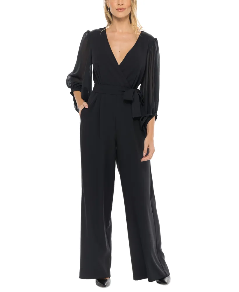 Donna Ricco Women's Surplice-Neck Balloon-Sleeve Jumpsuit