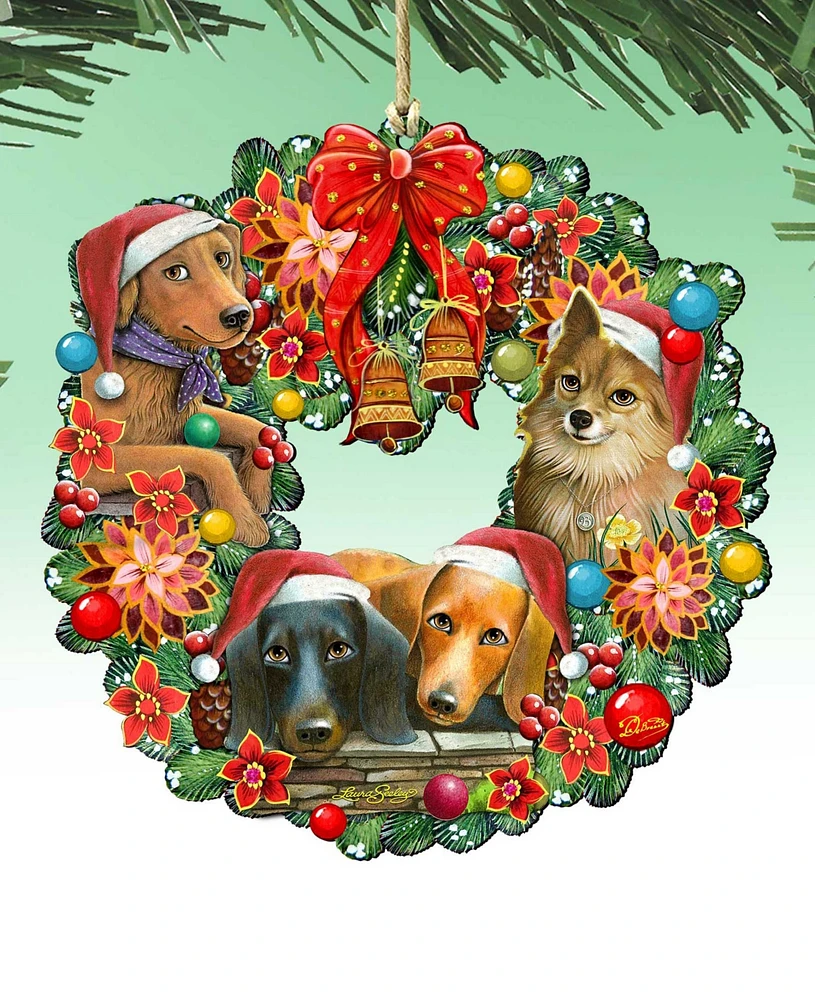 Designocracy Christmas Friends Puppy Wreath Holiday Ornaments, Set of 2